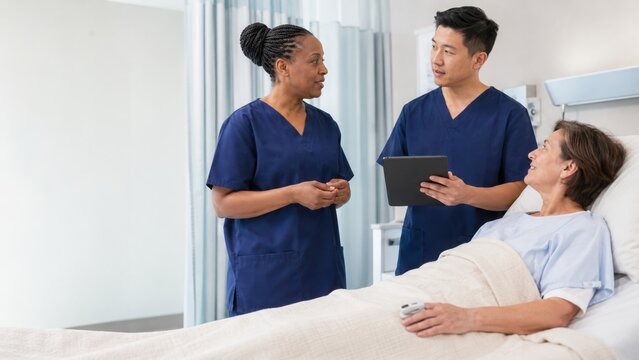 Two healthcare professionals discussing patient care with a female patient lying in a hospital bed, equipped with medical devices and a calming environment