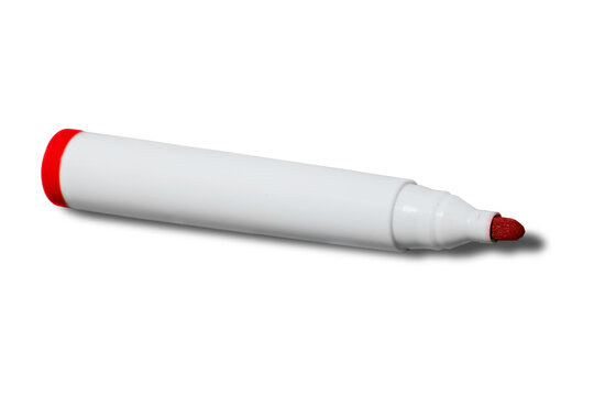 Single red felt tip marker with white body isolated on white background writing instrument marker pen school supply office supply drawing tool art supply red cap
