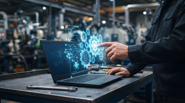 Engineer Touching Holographic Gear and Circuit Icon Above Laptop, Industrial Automation Technology Concept