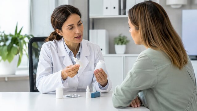 Female doctor in white coat discusses allergy medicine options with patient at a consultation table, various medication bottles and a notepad visible in the background