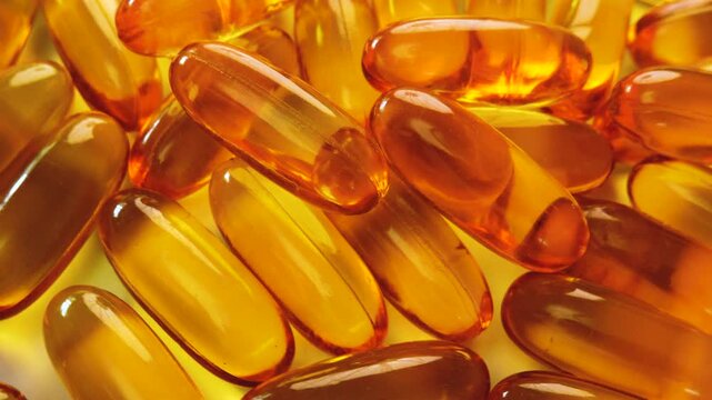 Fish oil or Cod liver oil gel in capsules with omega 3 vitamins, supplementary healthy food. 