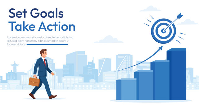 Businessman walking towards a rising growth bar chart target with an arrow pointing to success in a city background