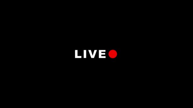 Red LIVE text with blinking dot recording indicator animation on black background, live streaming broadcast motion graphics animation.