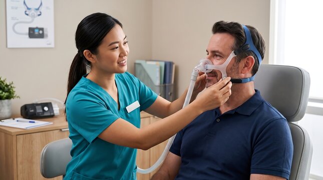 Healthcare professional assists a male patient in fitting a CPAP mask for sleep apnea treatment in a clinical setting.