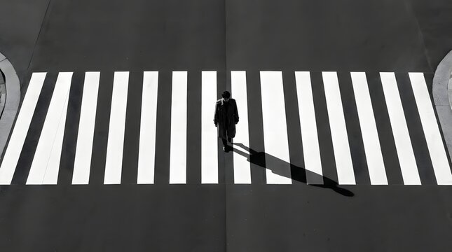 High angle view of a person walking on a pedestrian zebra crossing in the city