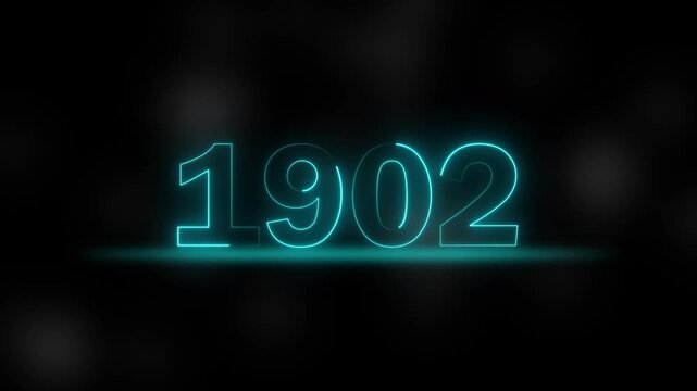 year 1902 neon glowing digital typography animation over dark background. digital number 1902 illuminated with glowing blue neon outline motion graphic.