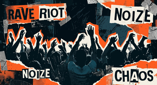 Crowd with hands up, rave, noize, chaos, riot concept, abstract collage