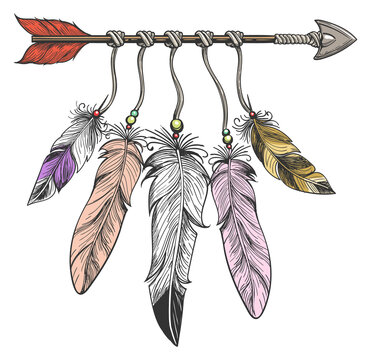 Bohemian arrow and feather decorative tribal color drawing