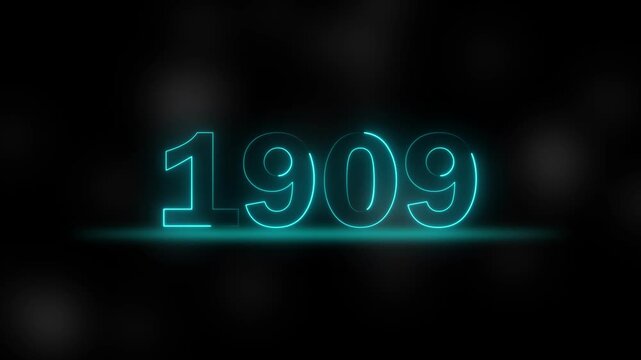 glowing cyan neon light "1909" on dark abstract digital background. stylized "1909" numerical year sign with illuminated aqua outline.