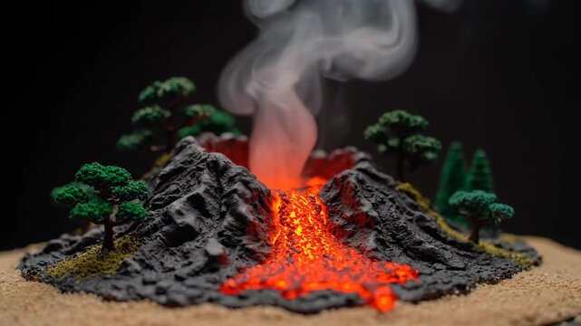 Miniature volcano erupting with glowing lava, surrounded by tiny green trees and billowing smoke