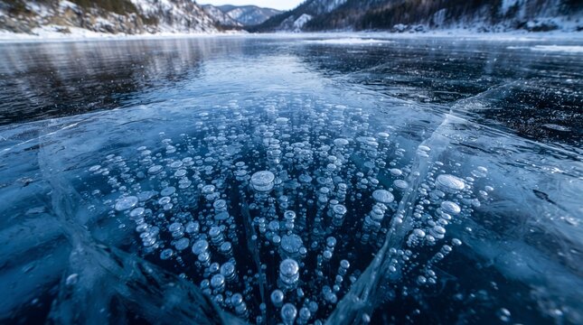 Frozen Lake Surface with Trapped Methane Air Bubbles in Deep Blue Ice