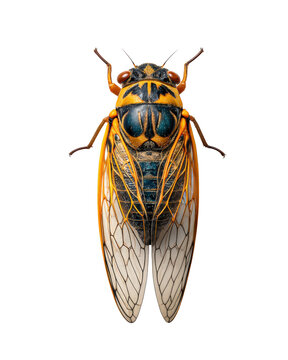 Black and orange cicada with transparent wings isolated