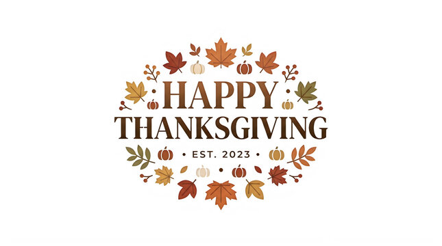 Happy Thanksgiving autumn Thanksgiving logo design with Happy Thanksgiving text and pumpkins, vector illustration of fall leaves, turkeys, and seasonal wreath for greeting card, invitation