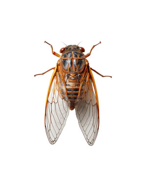 Brown cicada with transparent veined wings isolated on white