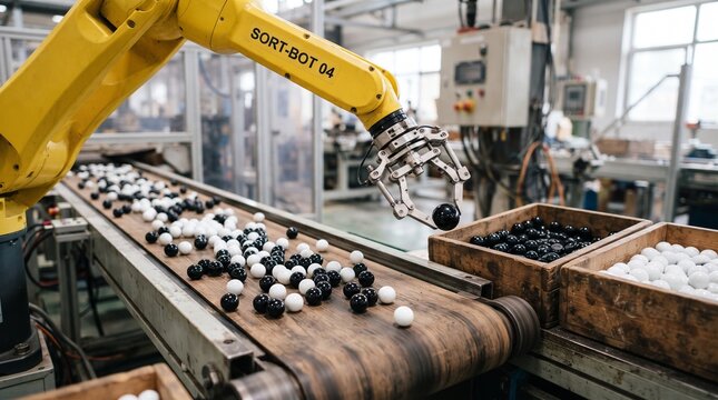 A mechanical robotic arm sorting black and white physical marble stones representing the unbiased structural data processing and categorization of AI algorithms.