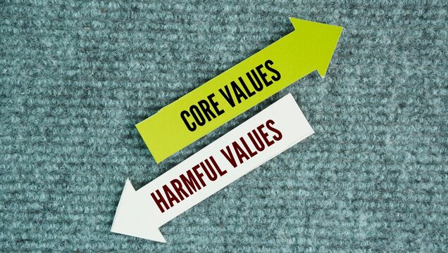 Arrow with two words core values ​​and harmful values. Core values ​​are the fundamental beliefs that dictate how a person or organization behaves, makes decisions, and sets priorities
