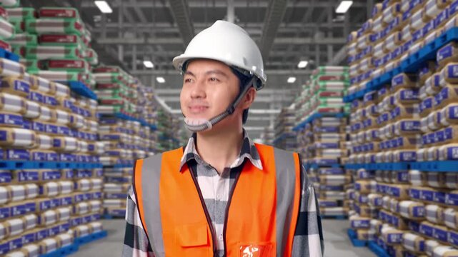 Front View of Asian Male Engineer Waving Hand Saying Bye While Walking at Warehouse Stacked Cement Bags Pallets