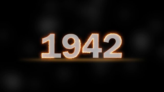 glowing year 1942 number text effect with fiery orange burn on dark background. fiery 1942 number graphic text with dark background retro history design.