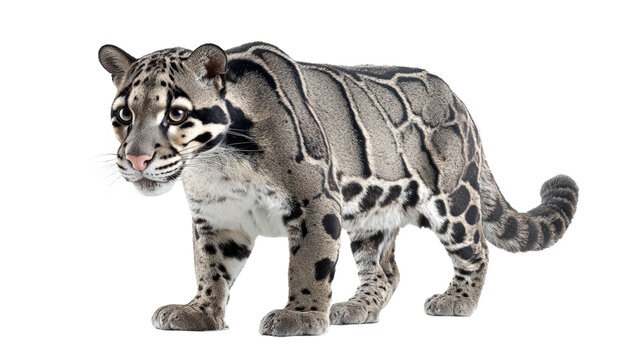 Clouded leopard standing in profile isolated on white background