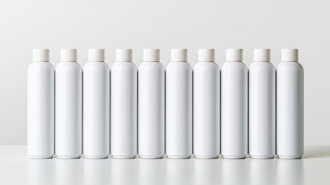 Ten identical white plastic bottles with caps are aligned in a straight row on a reflective surface against a plain white background.