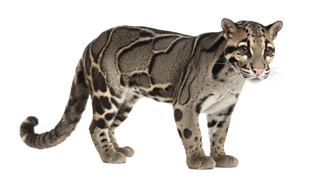 Clouded leopard displaying dark cloudlike markings isolated on white