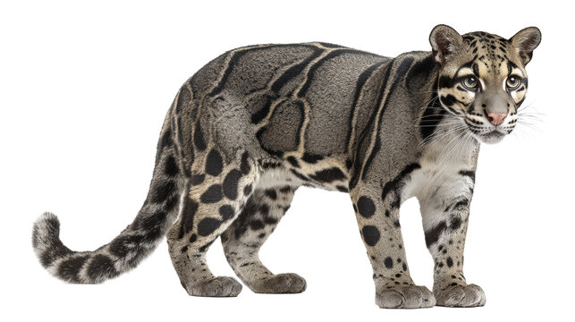 Clouded leopard walking profile with distinctive patterned coat