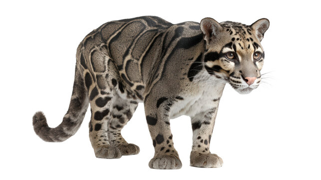 Clouded leopard walking in side view isolated on white