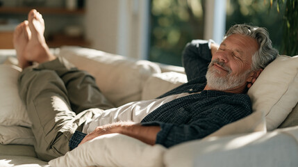 Fototapeta premium Man with silver hair and a beard lying on a sofa with both legs propped high on stacked pillows, visibly swollen feet and ankles, gravity-assisted edema relief, resting at home,