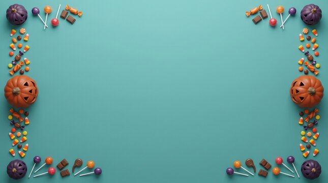 Flat lay composition of assorted colorful lollipops and candy arranged as a decorative border on a plain light blue background
