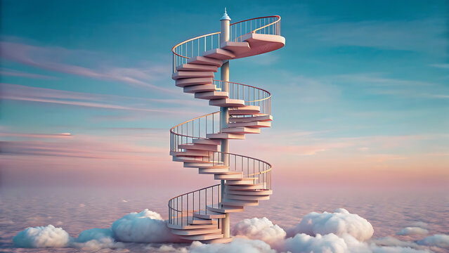 Spiral staircase vector illustration isolated on transparent background over clouds creating dreamlike conceptual interior.
