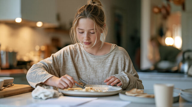 A stoic twelve year old preparing breakfast for younger siblings before school, parents still asleep, acting as a parentified child caregiver, the kitchen dim and quiet, this