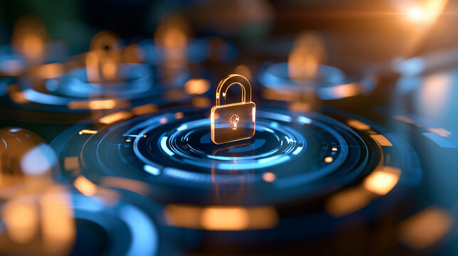 Glowing digital lock icons on circular interfaces, bright futuristic technology scene, high tech security system, encrypted data pattern visualization, clean abstract design,