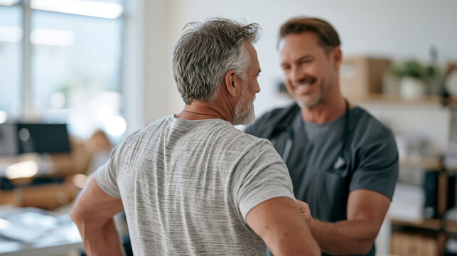 Physical therapist assisting a construction worker through a structured functional movement screen, analyzing lumbar flexion patterns and identifying risk factors for lower back