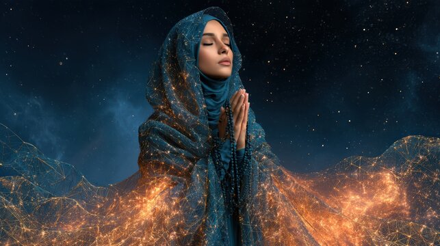A woman in a blue hijab prays with closed eyes, surrounded by glowing digital particles against a starry night background.
