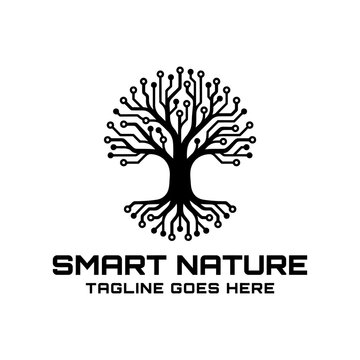 Smart nature tree logo with digital circuit patterns.