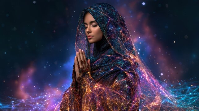 A woman draped in glowing, colorful lights prays with closed eyes against a dark, starry background, blending spirituality and futuristic digital art.