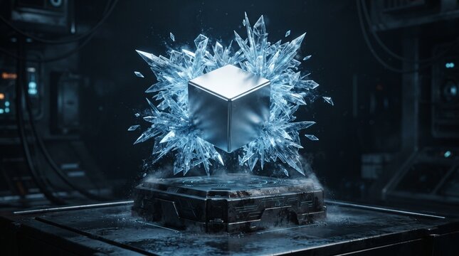 A floating silver quantum computer cube freezing the air into geometric ice crystals representing advanced supercomputing power and absolute zero cooling.