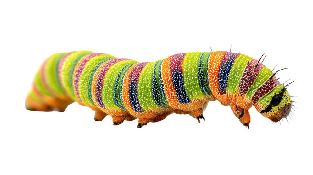 Rainbow striped caterpillar with vivid segmented body isolated