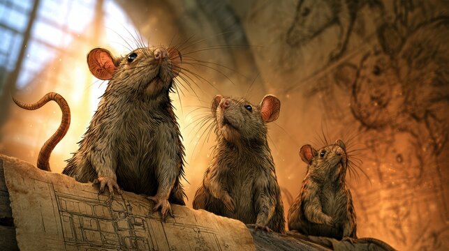 Three curious rats stand on an ancient map, bathed in warm, dramatic light with a mysterious, historic background.