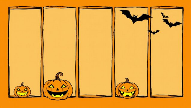 Halloween background with spooky pumpkins and flying bats in vertical panels