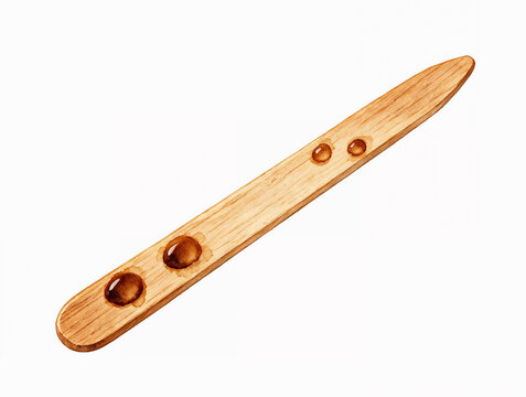 Watercolor single wooden stirrer with coffee droplets and textured grain