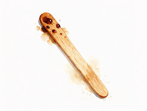 Watercolor single wooden stirrer with coffee droplets and textured grain