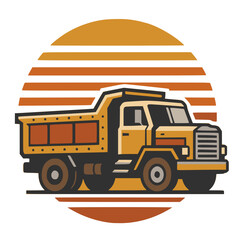 Classic industrial mining dump truck vector illustration with retro sunset circle frame for quarry contractor badge design © Arvela