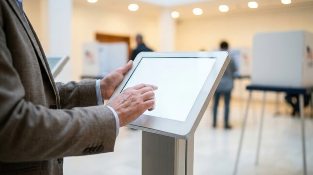 Person in a suit using a digital voting machine at a polling station during an election