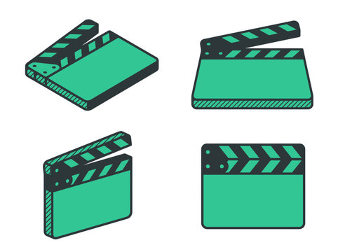 Set of Four Isometric Film Clapperboard Icons Featuring Diverse Angles and Perspectives for Cinematic Production and Media Editing Projects