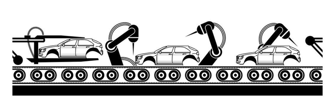 Car assembly line with automatic arm manipulator seamless conveyor