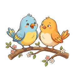 Fototapeta premium Two cute little bird sitting on blossoming tree branch 