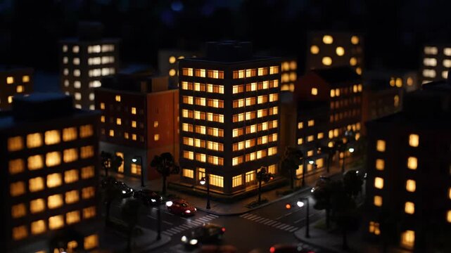 Miniature cityscape at night with illuminated buildings, cars on roads, and streetlights. Details within the miniature world give a sense of realism