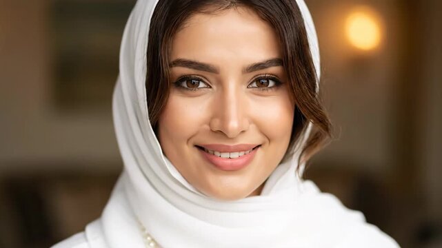 A close-up shot of a beautiful woman wearing a white headscarf smiles. Her eyes are brown and her lips are rosy