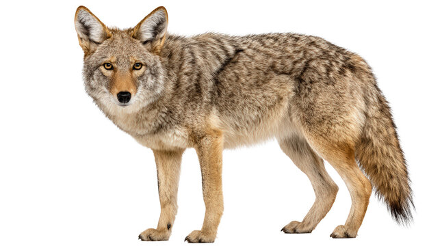 Wild coyote standing in side profile isolated on white background